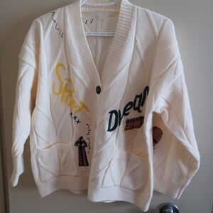 Womens Cream Cardigan M/L Cable Knit  Sweater Patches Grandma Core Gossip Girl